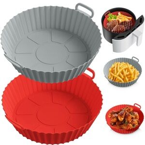 2 Pack Round Silicone Air Fryer Liner 8.5” 5 Qt+ (Red+Grey) W/ tongs & heat mits